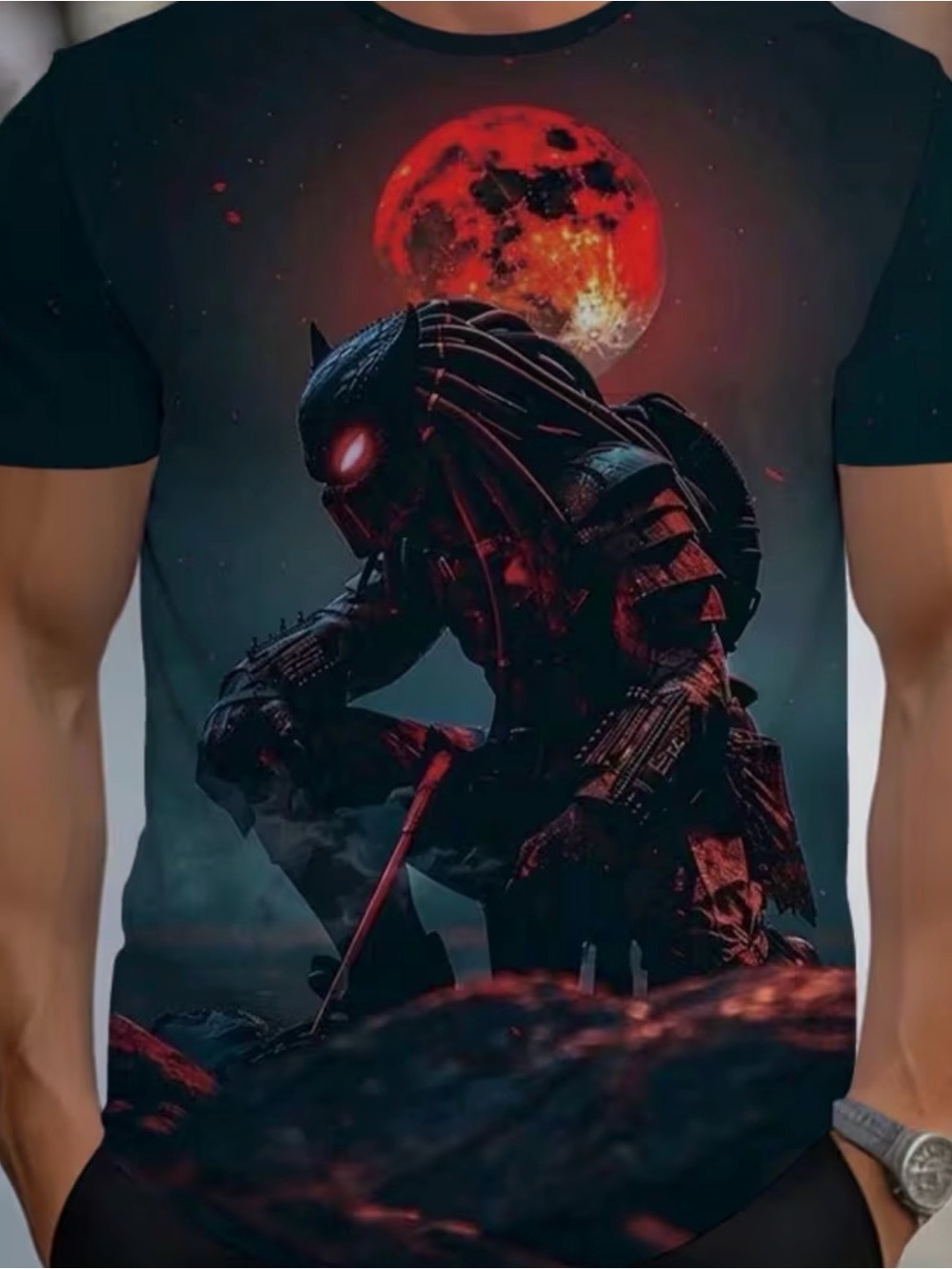 Men's Black Graphic T-Shirt with Predator Red Moon Design